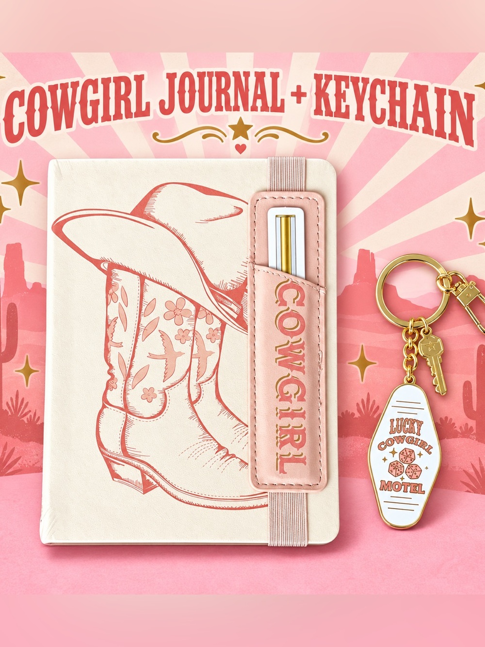 Cowgirl lucky dice keychain and notebook with pen holder